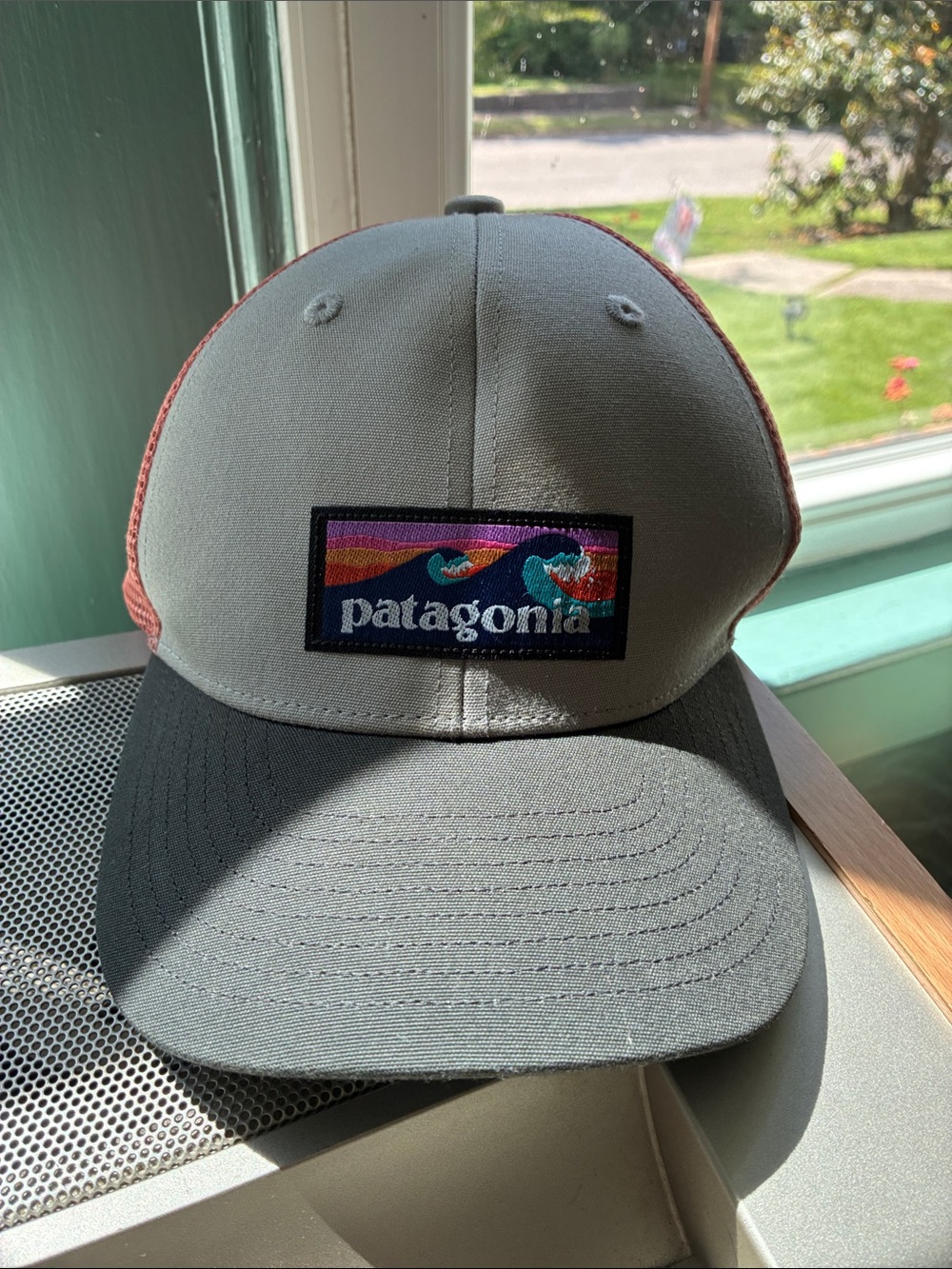 Patagonia Gray and Coral Mesh kids hat